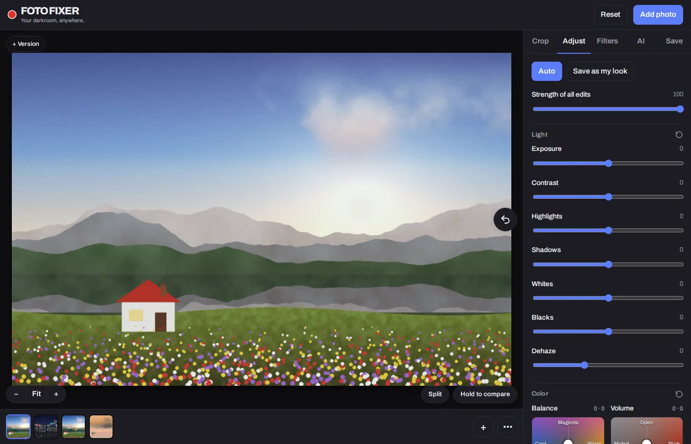 The Foto Fixer editor with the Adjust panel open