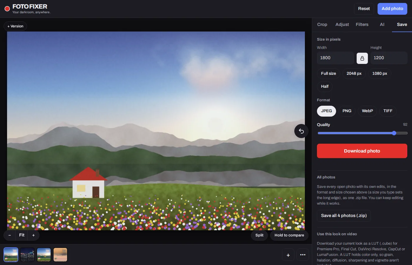 The Save tab, with size, format and quality settings